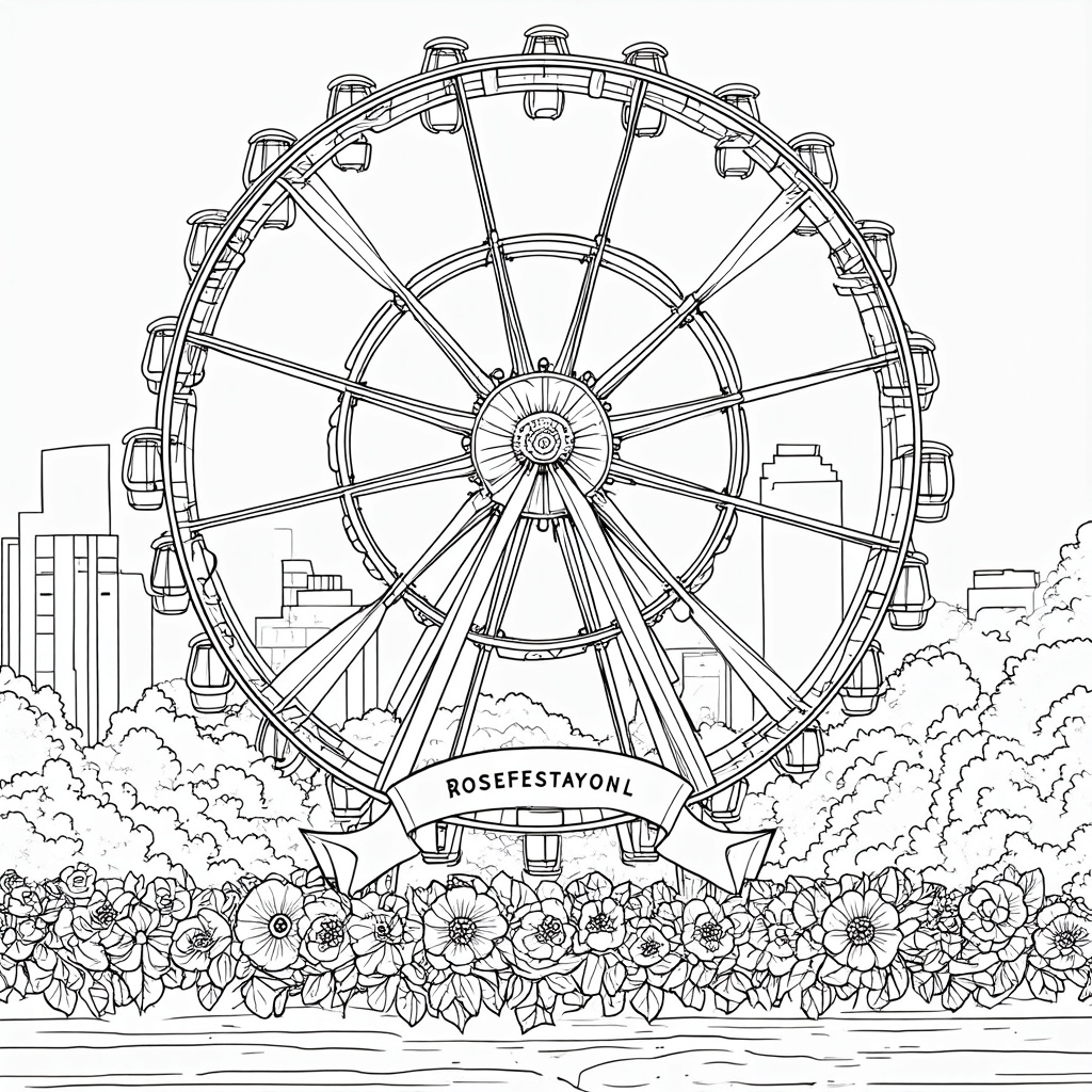 A grand Ferris wheel as the centerpiece, with intricate car details, set against a backdrop of a simplified Portland skyline. Roses could be incorporated into the Ferris wheel's structure or featured in prominent flowerbeds below, with 'Rose Festival 2025' on a banner.