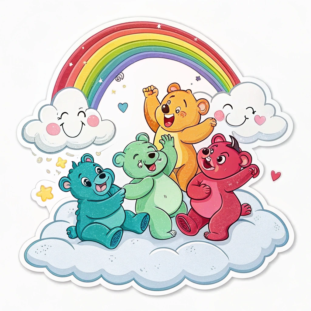 A group of different colored Gummi Bears holding hands or stacked playfully, with a rainbow emerging from their collective joy or sitting on a cloud with a rainbow.