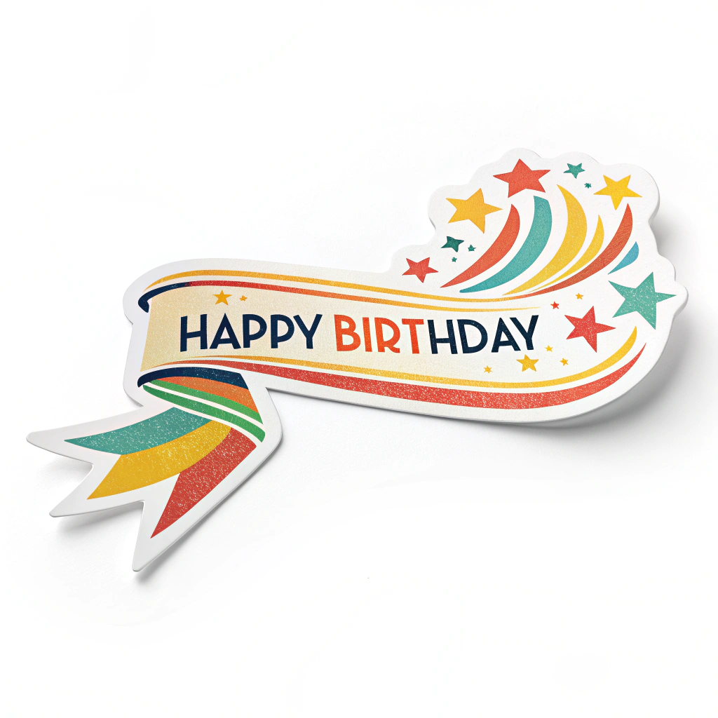 Sub Design 5: A die-cut sticker shaped like a streamer, with 'Happy Birthday' written along its length.