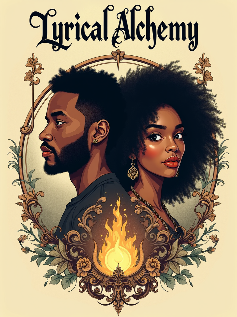 Alchemical Symbolism with Portraits: Stylized portraits or detailed illustrations of Kendrick and SZA are framed or adorned with custom-designed alchemical symbols representing their musical essence and collaboration. The title 'Lyrical Alchemy' could be presented in an ancient script style.