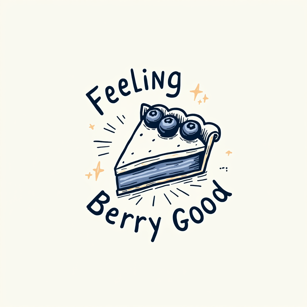 A minimalist approach: A simple line drawing of a pie slice with distinct blueberries visible. The text 'Feeling Berry Good' positioned vertically alongside the slice in a clean, sans-serif font.