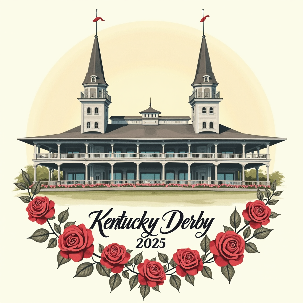 A vintage-style illustration of Churchill Downs, focusing on the iconic twin spires, with 'Kentucky Derby 2025' in a classic, elegant script font below. Perhaps a garland of roses frames the bottom of the illustration.