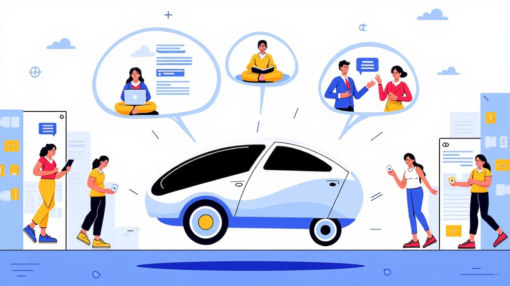 Illustration Concept 3: Activity Bubbles Showcase. An exterior shot of a sleek robotaxi gliding through a futuristic urban environment. Floating 'activity bubbles' or stylized information graphics are connected to the vehicle, each illustrating a key function: one for 'Work' (e.g., a person teleconferencing), one for 'Relax' (e.g., someone meditating or listening to music), and one for 'Socialize' (e.g., friends chatting).