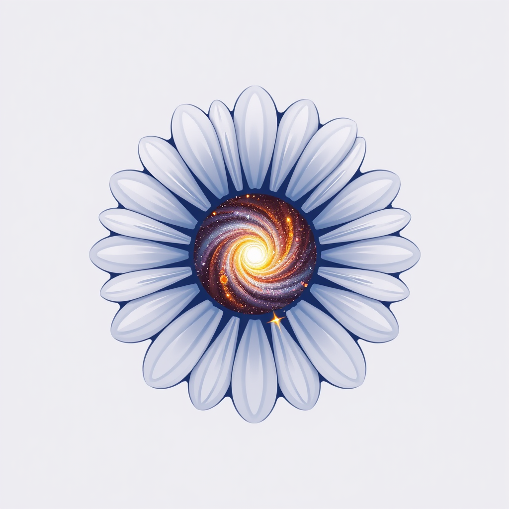 Galactic Core Daisy: The daisy's center depicted as a miniature swirling galaxy or a bright quasar. The event initials 'EDC' and year '2025' could be subtly embedded within the galactic arms or as orbiting elements.
