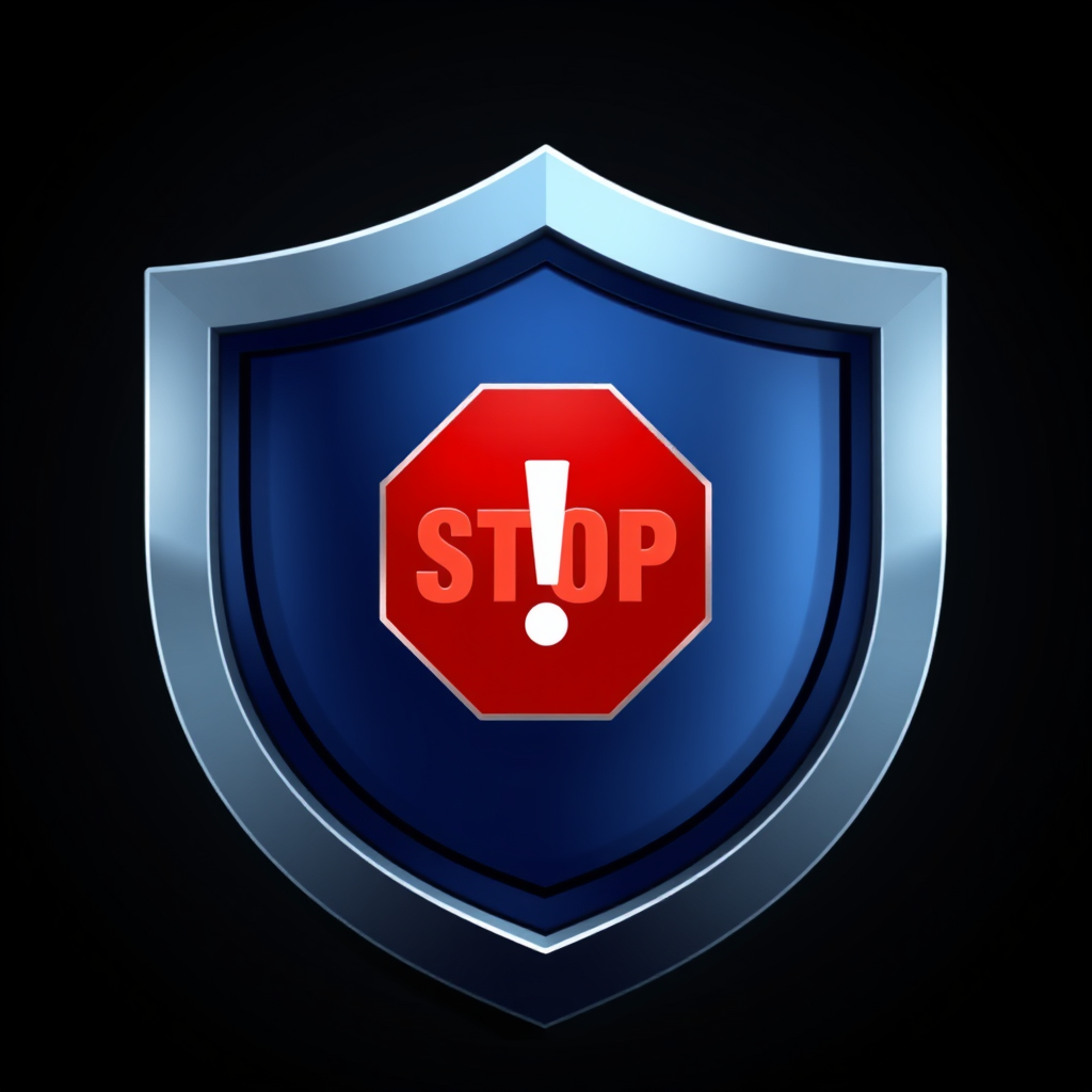 A sleek, modern shield icon centrally featuring a bold 'stop' symbol (e.g., an exclamation mark within an octagon, or a crossed circle) to represent active threat interception by the firewall.