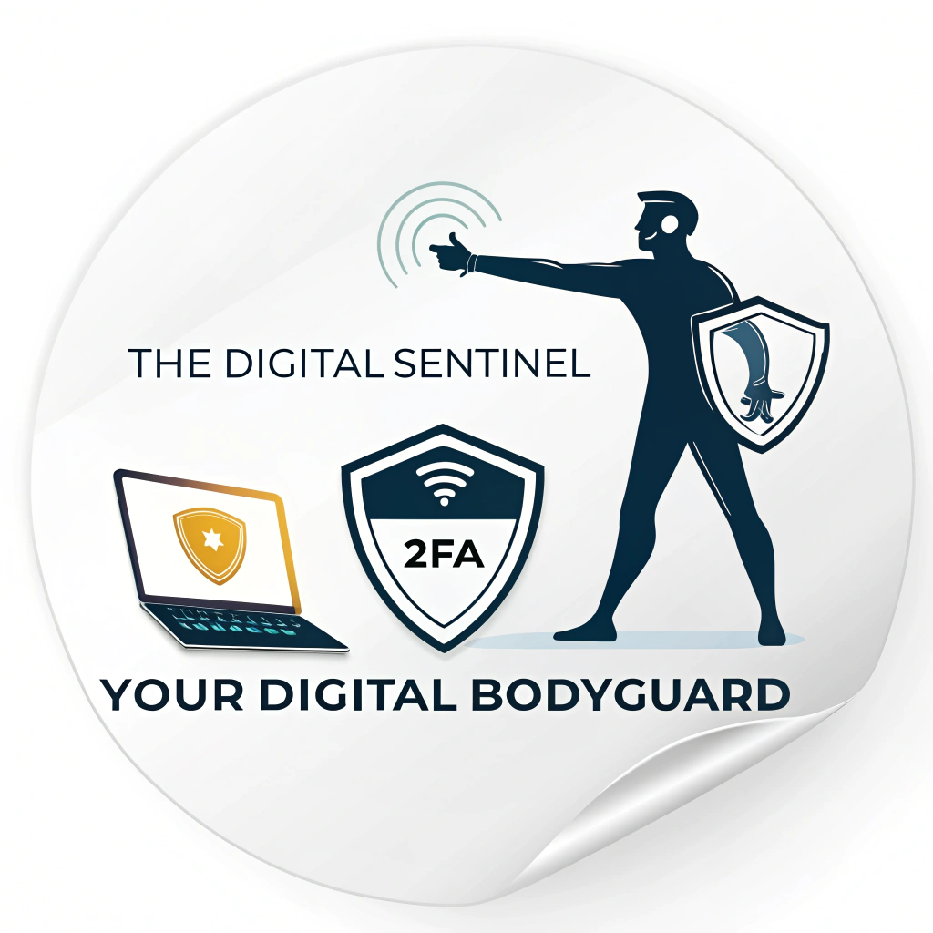 The Digital Sentinel Sticker: Features a sleek, modern silhouette of a bodyguard or a minimalist robotic figure. One arm forms a shield shape emblazoned with '2FA', while the other points towards a glowing icon of a smartphone or laptop, symbolizing protected digital assets. The tagline 'Your Digital Bodyguard' is typeset in a strong, clear font below.