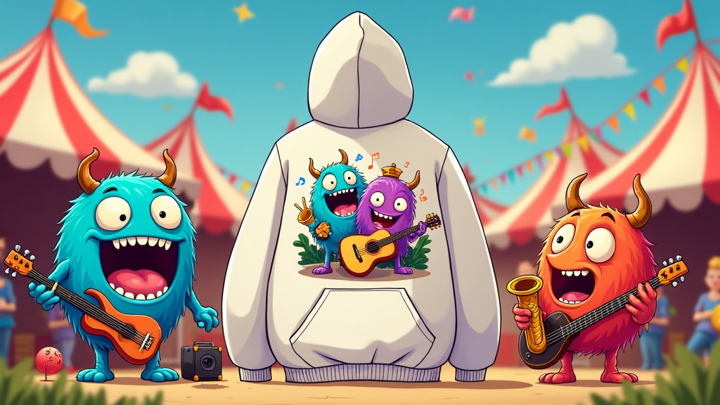 White hoodie with colorful doodle art of friendly monsters playing musical instruments.