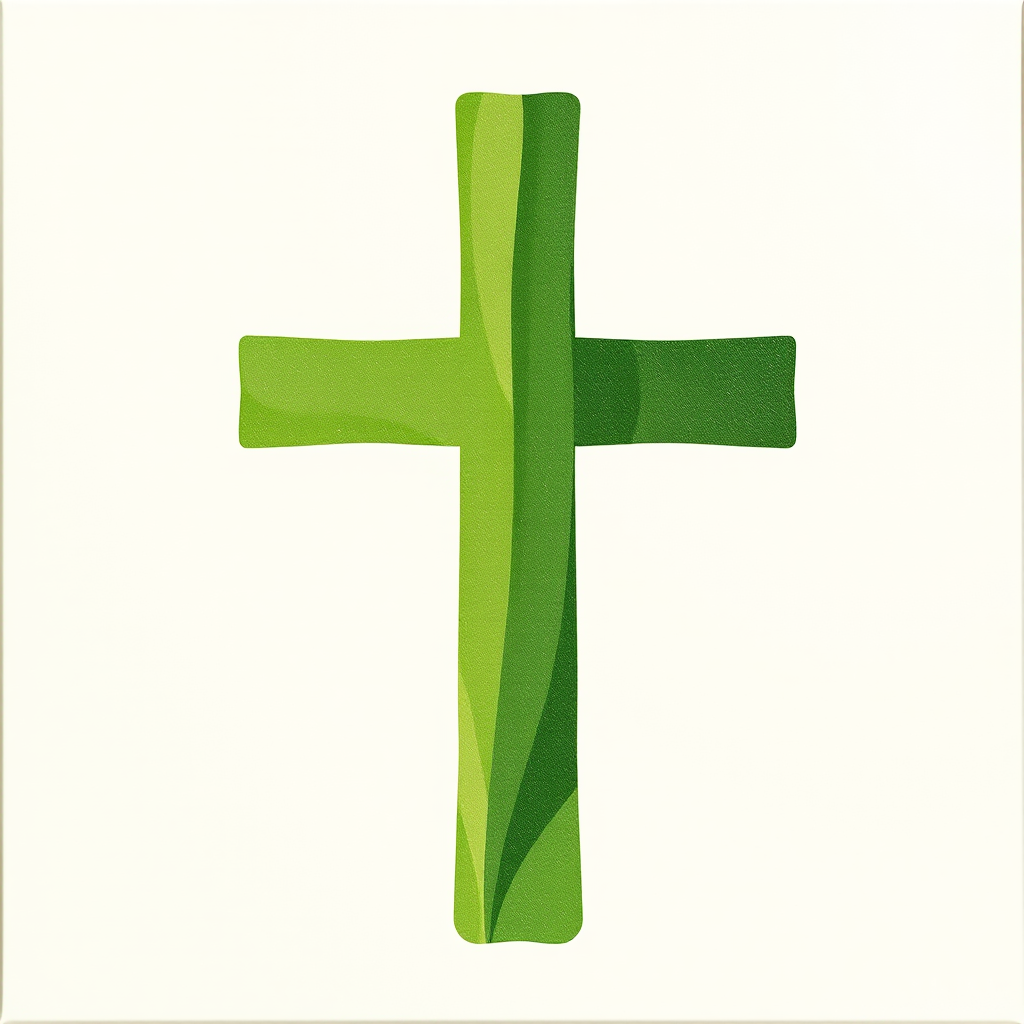 A contemporary, slightly asymmetrical green cross, perhaps with softly rounded corners. The subtle leaf texture is applied as a translucent, watermark-like pattern over one vertical or horizontal half of the cross, offering a modern split-visual effect.
