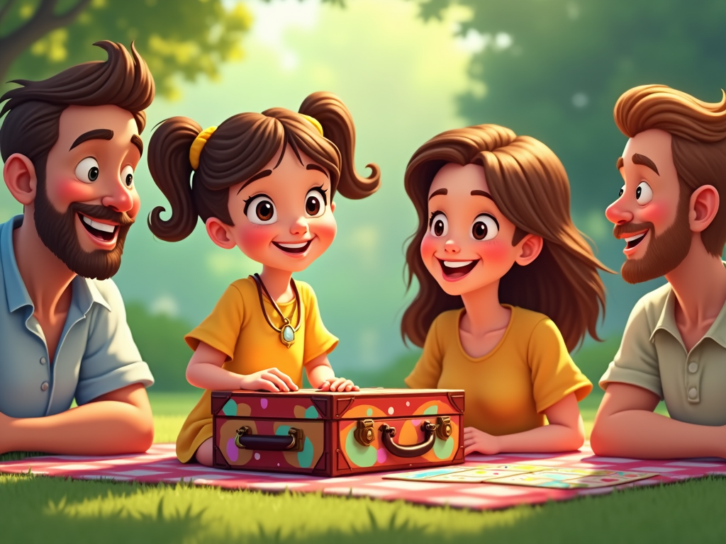 On a cheerful family picnic, the girl with her Monopoly suitcase showcases custom game boards to relatives. Her outfit complements the warm ambiance, enhancing the shared familial experience of fun and strategy unfolding on the grassy tabletop amidst their laughter and conversations.