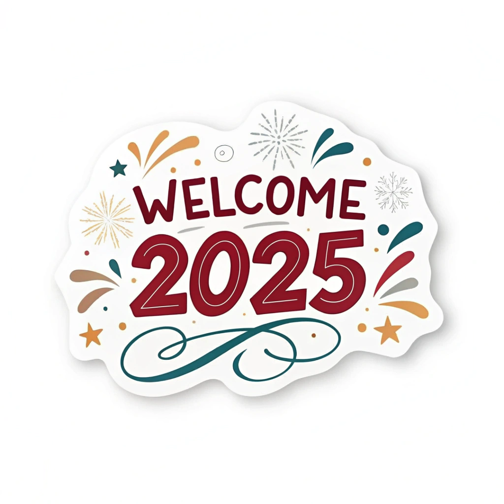 The image shows a white background with a sticker that reads Welcome 2025 in bold black lettering, surrounded by colorful fireworks, creating a festive and celebratory atmosphere.