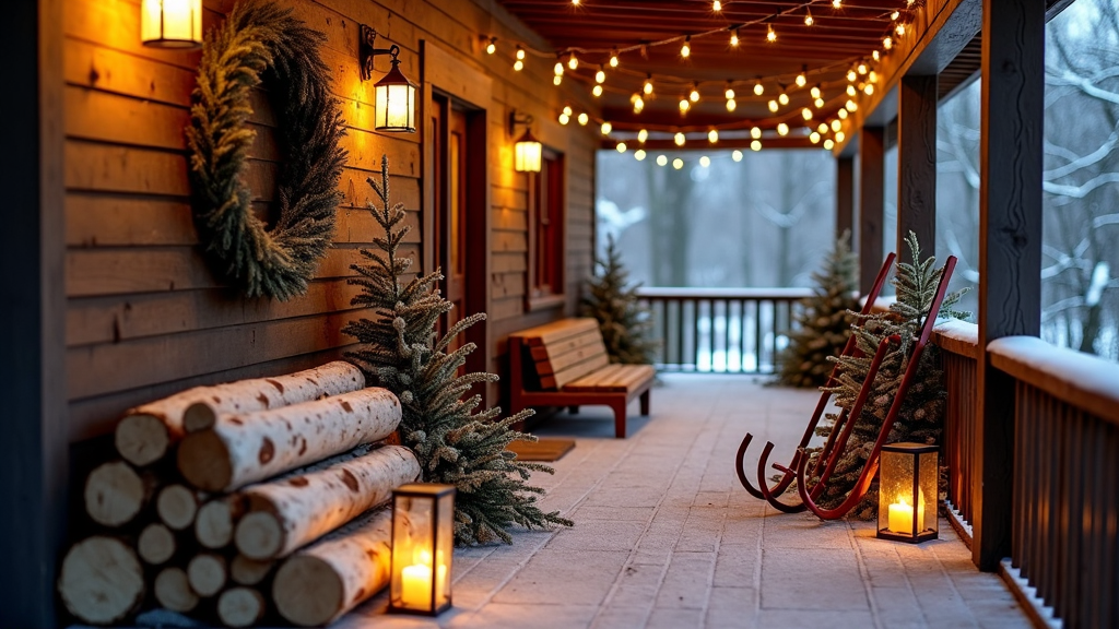 A rustic outdoor veranda decorated with natural wreaths, a stack of birch logs beside a vintage sled, and weather-resistant lanterns casting a warm glow, perfect for winter evenings.