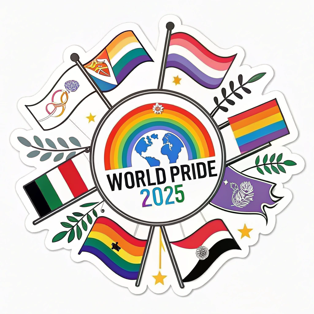 The WorldPride 2025 Emblem at the center, surrounded by a vibrant array of diverse LGBTQ+ pride flags (e.g., Progress Pride, Bisexual, Transgender, Non-binary) fanning out or forming a supportive circle, highlighting global inclusivity.