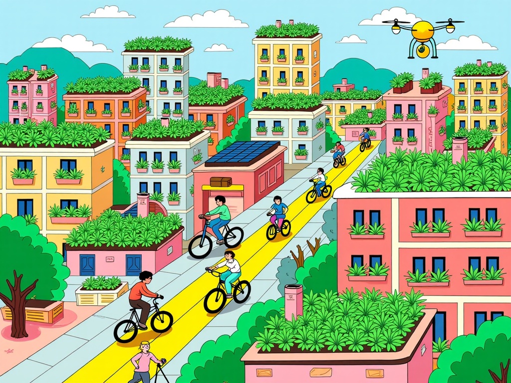 Illustrate a dense urban cityscape where buildings feature prominent vertical gardens, green rooftops utilized for urban farming, and integrated solar panels. Show diverse residents interacting, cycling on green pathways, and drones delivering goods to rooftop gardens.