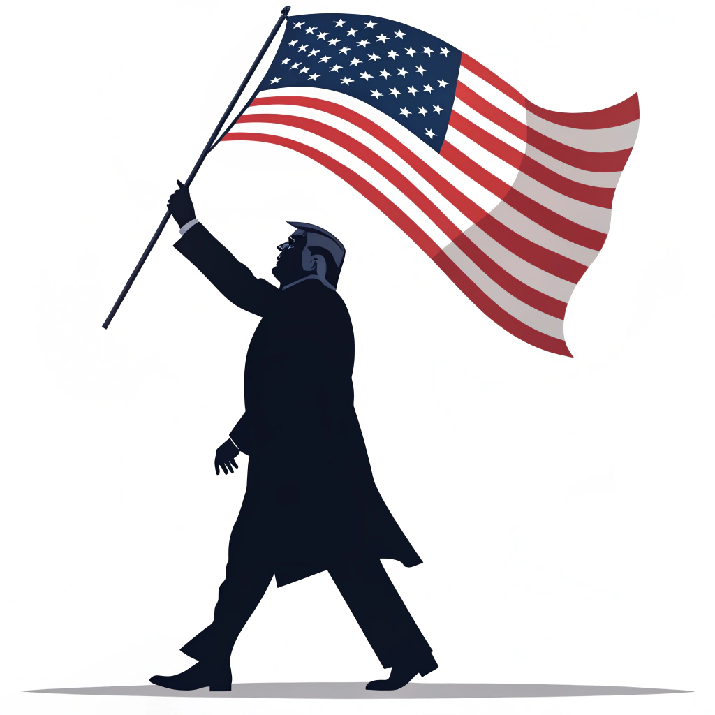 A design that shows a silhouette of Donald Trump waving an American flag, with the flag's colors prominently displayed. This design would be minimalist yet impactful, focusing on the iconic image.