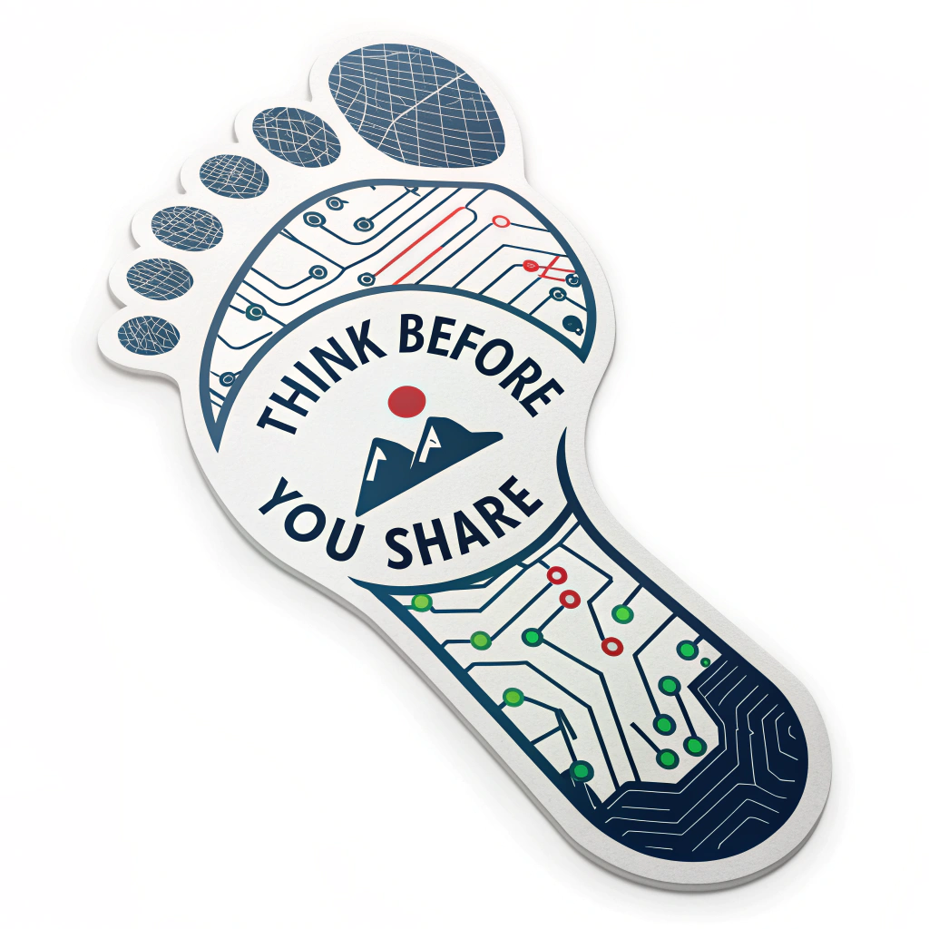 A digital footprint icon (pixelated or circuit board pattern) with the text 'Think Before You Share' wrapped around the ankle or below the foot.
