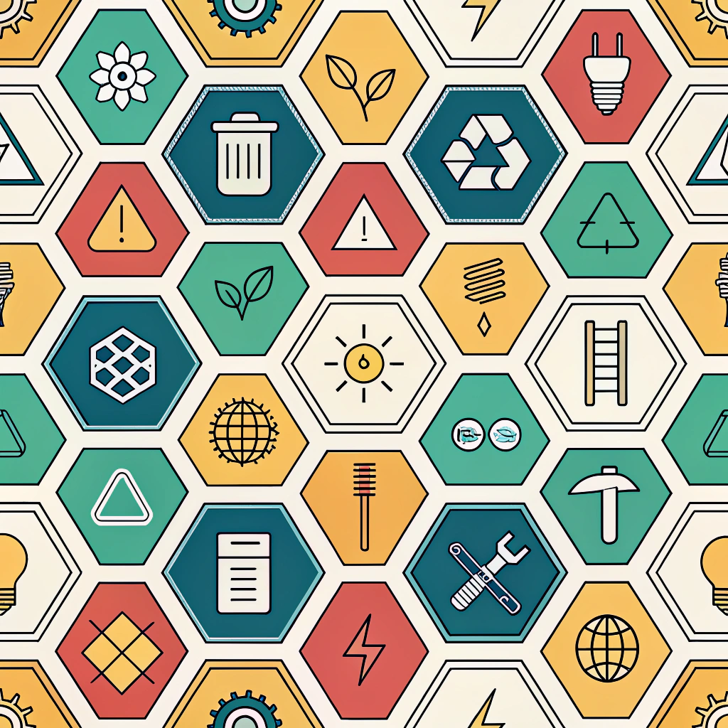 Modular Component Pattern: A tessellating pattern made of distinct geometric shapes (hexagons, squares, triangles) that fit together perfectly, with some shapes depicting stylized representations of repair tools, reusable packaging, or renewable energy sources, emphasizing design for disassembly, repair, and reuse.