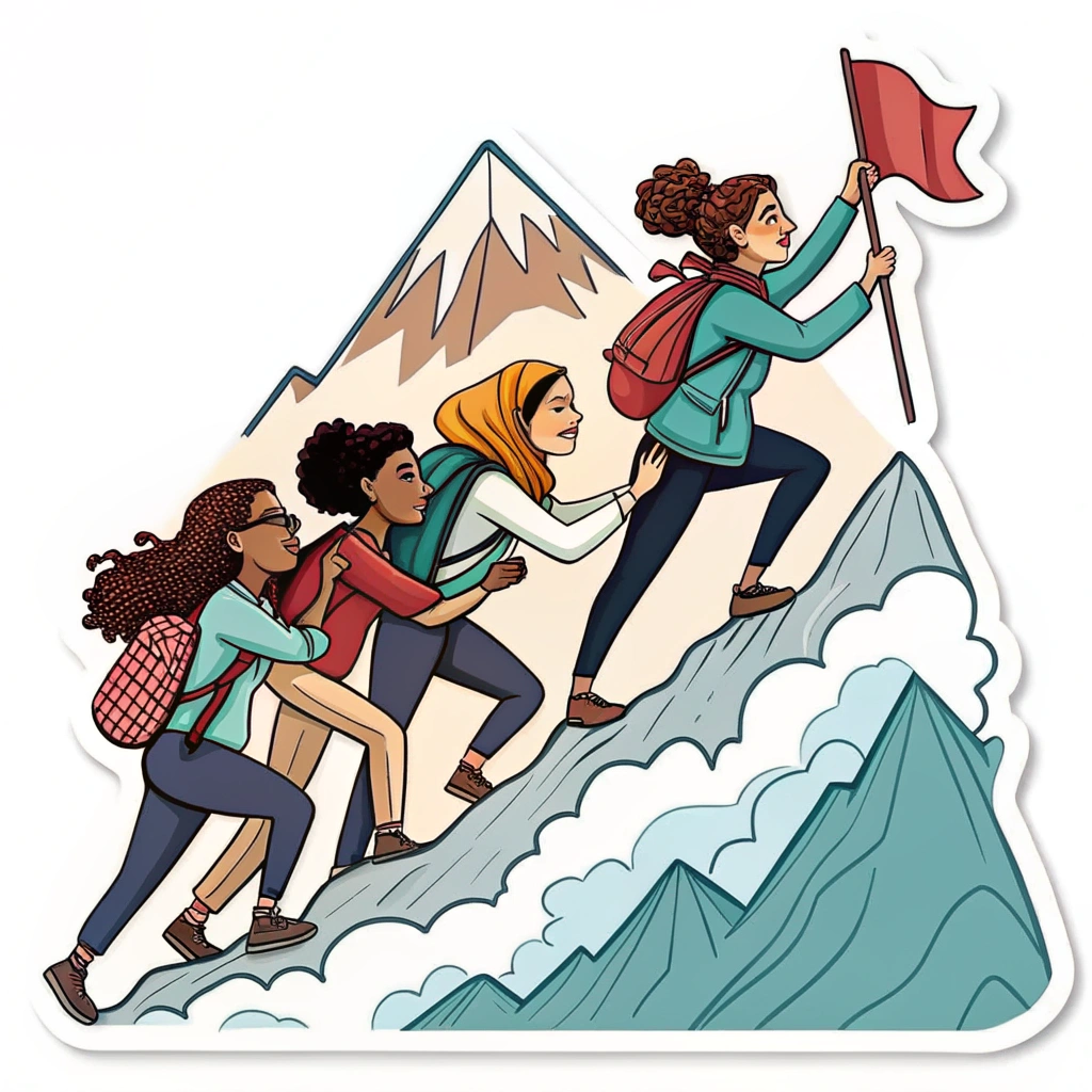 A logo featuring a group of diverse women climbing a mountain together, symbolizing overcoming challenges and achieving leadership roles.