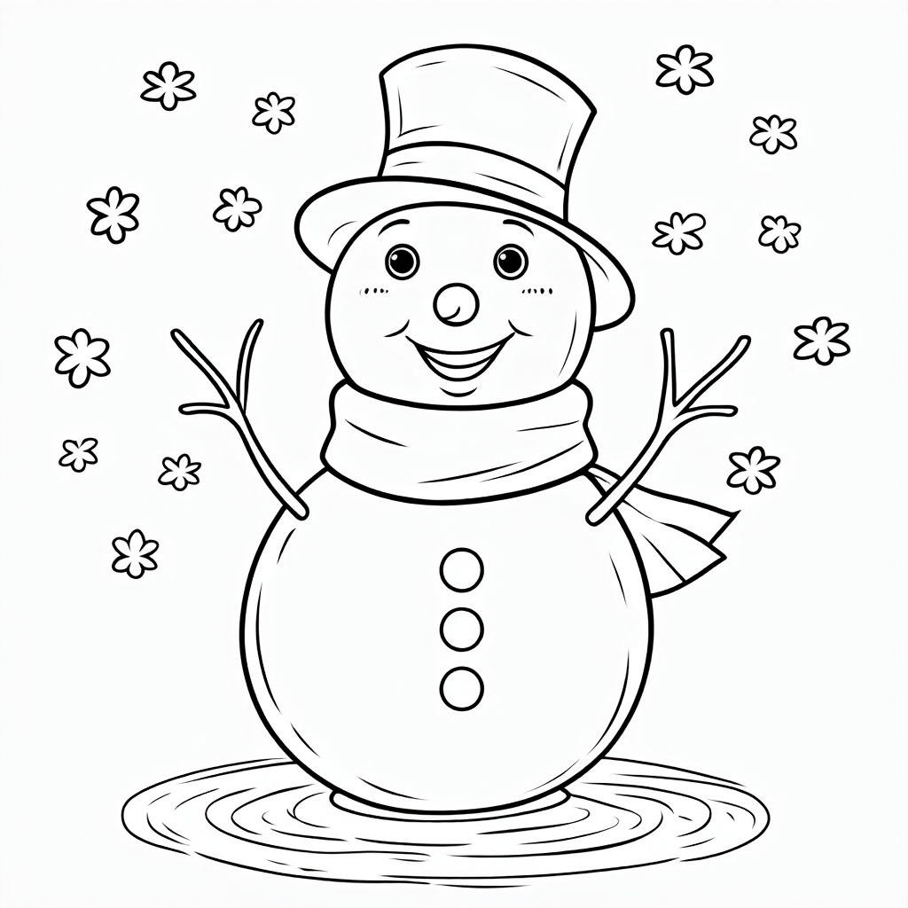 The image shows a snowman with a top hat and scarf, surrounded by a few flowers. The snowman is sketched in black and white, with a watermark in the bottom right corner. It is a free printable coloring page, perfect for kids to enjoy.