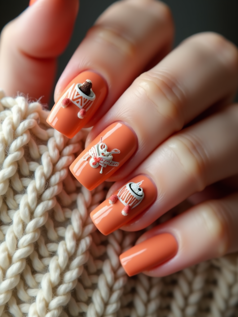 Beautiful Thanksgiving nails in pastel orange with painted miniature hot cocoa cups and cozy scarves, perfect for a chilly day.