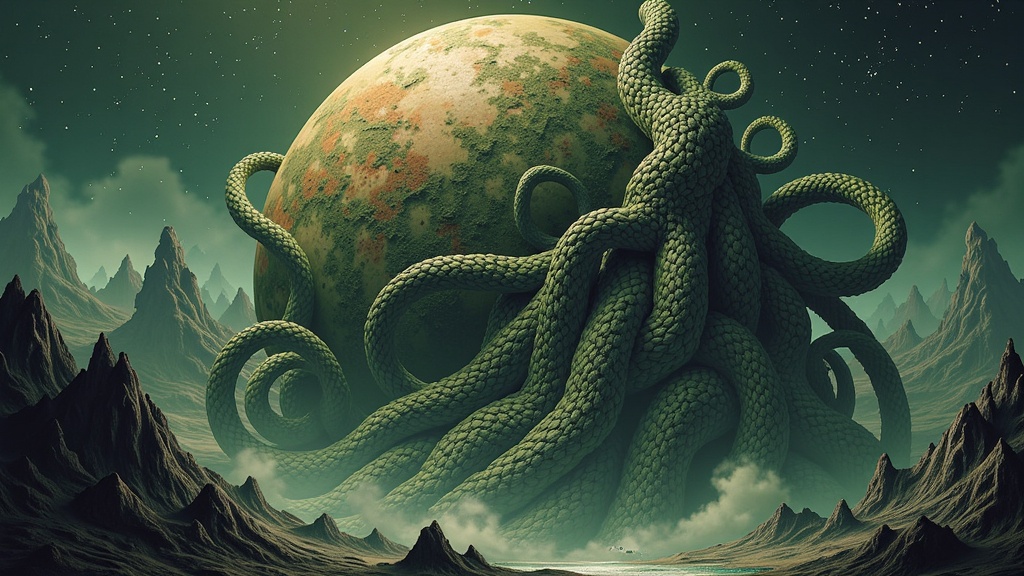 Planetary Parasite: Depict a colossal, world-enveloping creature or a scene where its biomorphic tendrils and organic structures are visibly consuming or terraforming a planet, showcasing the sheer scale and horror. AI can generate vast, intricate organic landscapes and creature anatomy that feels truly otherworldly.