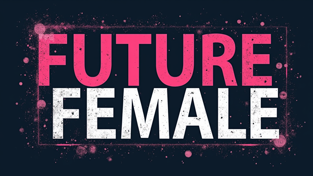 Stacked Bold Typography: 'FUTURE' and 'FEMALE' in large, bold, stacked sans-serif type. The word 'TECH' or a tech symbol (like a stylized power icon) is integrated boldly, perhaps in a contrasting color or slightly different bold font, positioned as an accent, underline, or intersecting element.