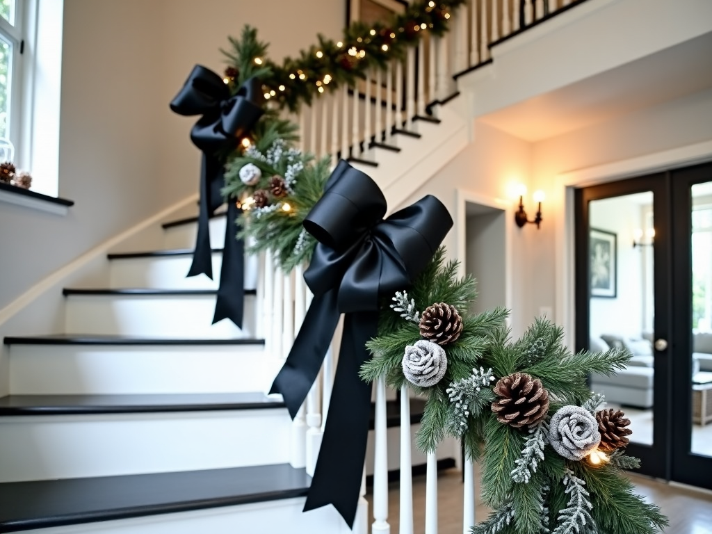 An elegant holiday staircase featuring a monochrome theme with black and white decorations, detailed with faux snow-dusted pine cones and large satin bows, adding a contemporary feel to the home.