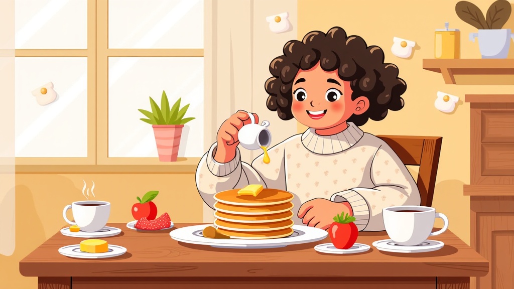  a young girl sitting at a wooden table with a stack of pancakes in front of her. She is wearing a white dress with a floral pattern and has curly black hair. The girl is holding a white teapot in her right hand and has a big smile on her face. On the table, there are two cups of coffee, a plate of strawberries, and a small potted plant. The background shows a window with white curtains and a wooden shelf with various kitchen items. The overall style of the image is cartoon-like and cheerful.