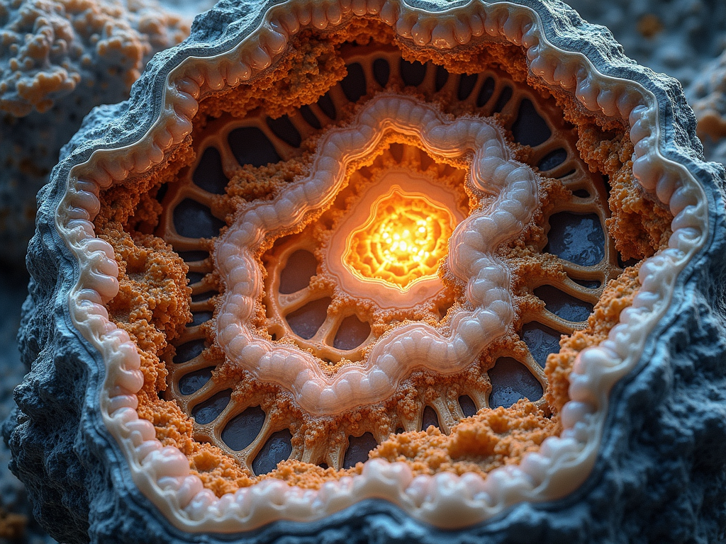 A T-shirt design with an abstract representation of mineral cross-sections or geode interiors, using a mix of crystal-like geometric shapes and flowing color blends in earthy tones with potential metallic highlights.