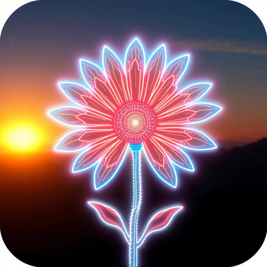 Neon Circuit Bloom: An intricate daisy where petals and stem are formed from glowing neon circuit traces and light pathways. The 'dawn' is represented by a subtle sunrise gradient background or light emanating from the daisy's core, as if powering up.
