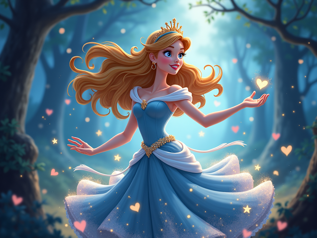 A princess surrounded by magical elements like glowing stars, shimmering dust, and floating hearts. She is wearing a prominent, sparkling tiara and her dress has dynamic movement, conveying a sense of magical energy.