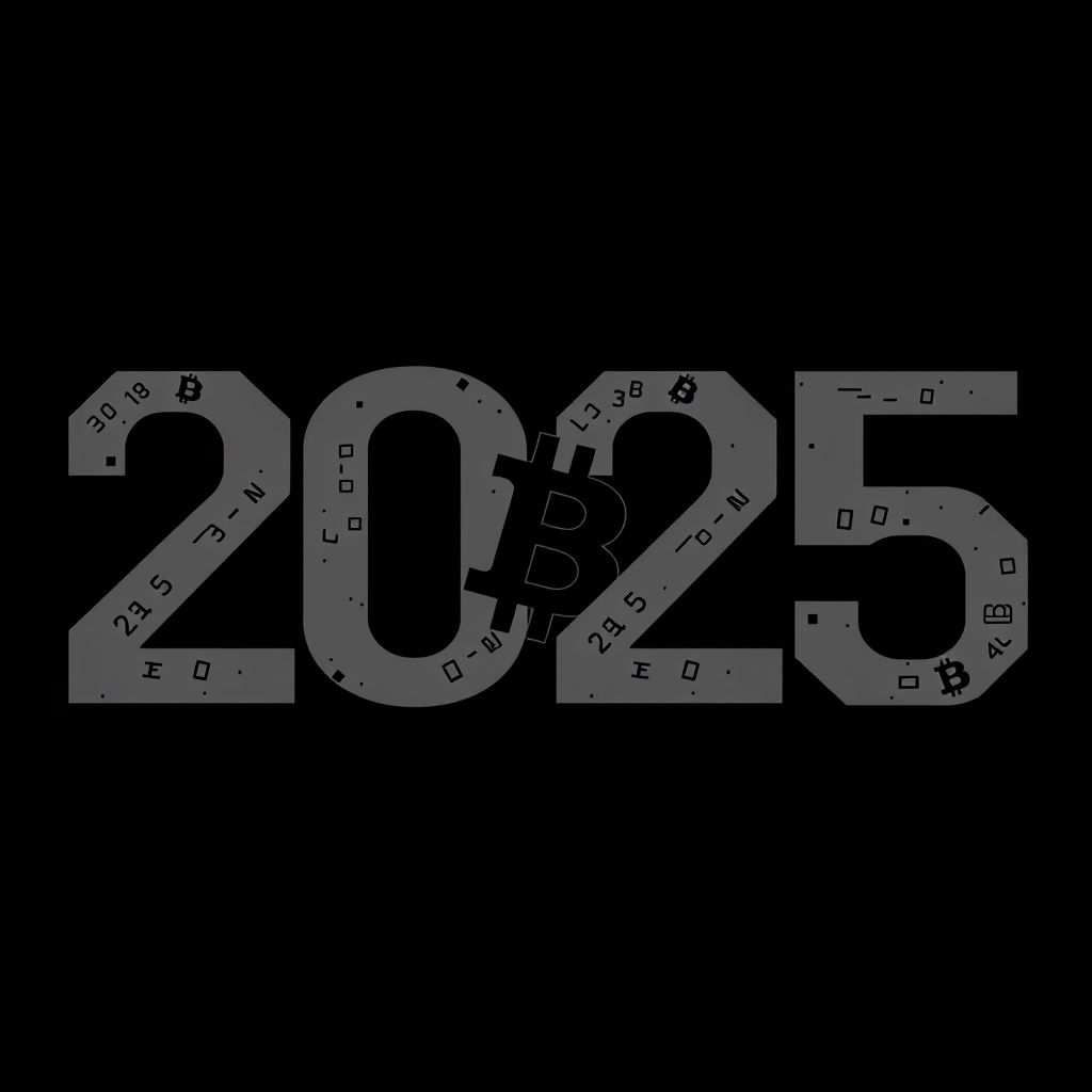 Concept 4: The year '2025' is the primary element in a bold, modern, slightly fragmented font. The negative space within or around the numerals subtly reveals the Bitcoin 'B' symbol. Textures could imply digital blocks or data flows. Style: Geometric, edgy, with a high-tech feel.