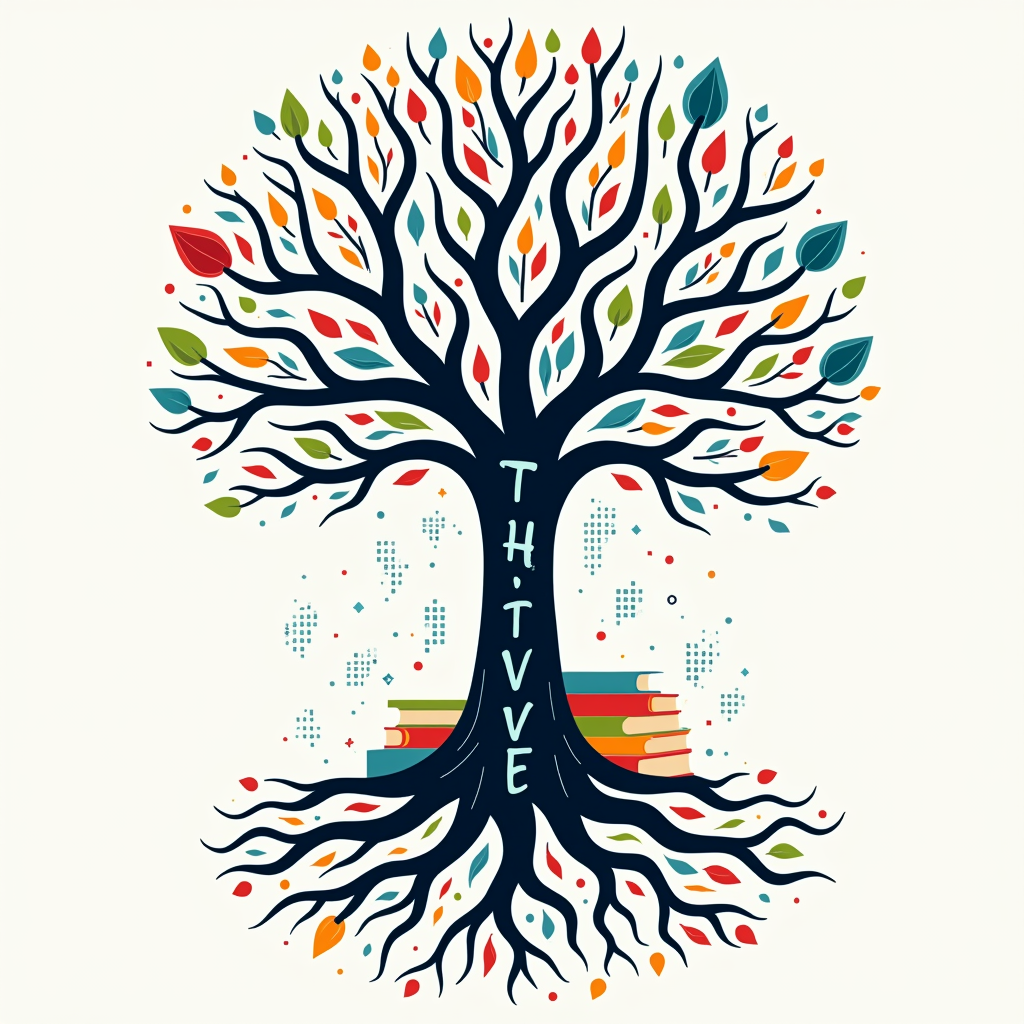 Design 3: A stylized tree graphic where the roots are symbolized by books/pens and the branches by wifi symbols/pixels, with the trunk reading 'Thrive'.
