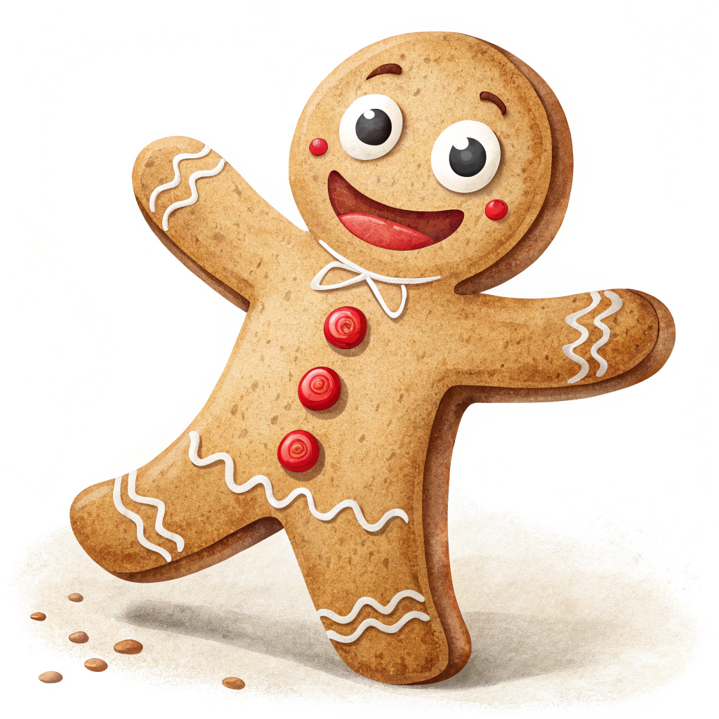 The image shows a gingerbread man with a smile on his face, painted in brown, cream and red colors against a white background.