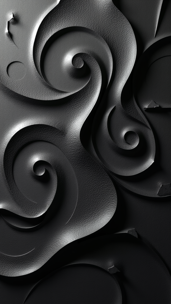 The image shows a black and white photo of a spiral design on a black background. The design is intricate and detailed, with swirls of different sizes and shapes that create a mesmerizing effect.