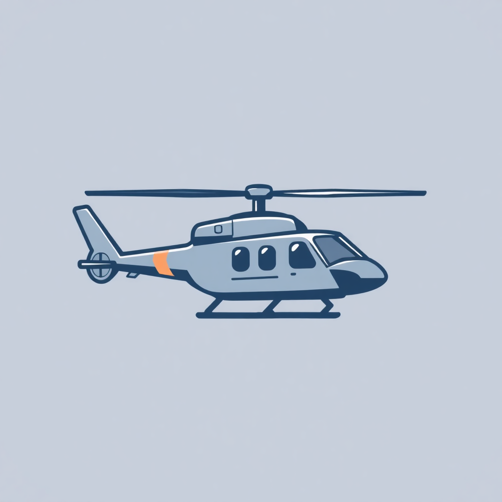 The image is a simple illustration of a helicopter. The helicopter is shown in a light blue color with an orange stripe on the side. It has a pointed nose and a pointed tail, with two windows on the front and two on the sides. The body of the helicopter is white with a blue stripe running along the side, and there is a small propeller on the left side of the body. The background is a light grey color. The image is simple and minimalistic, with no additional details or shading.