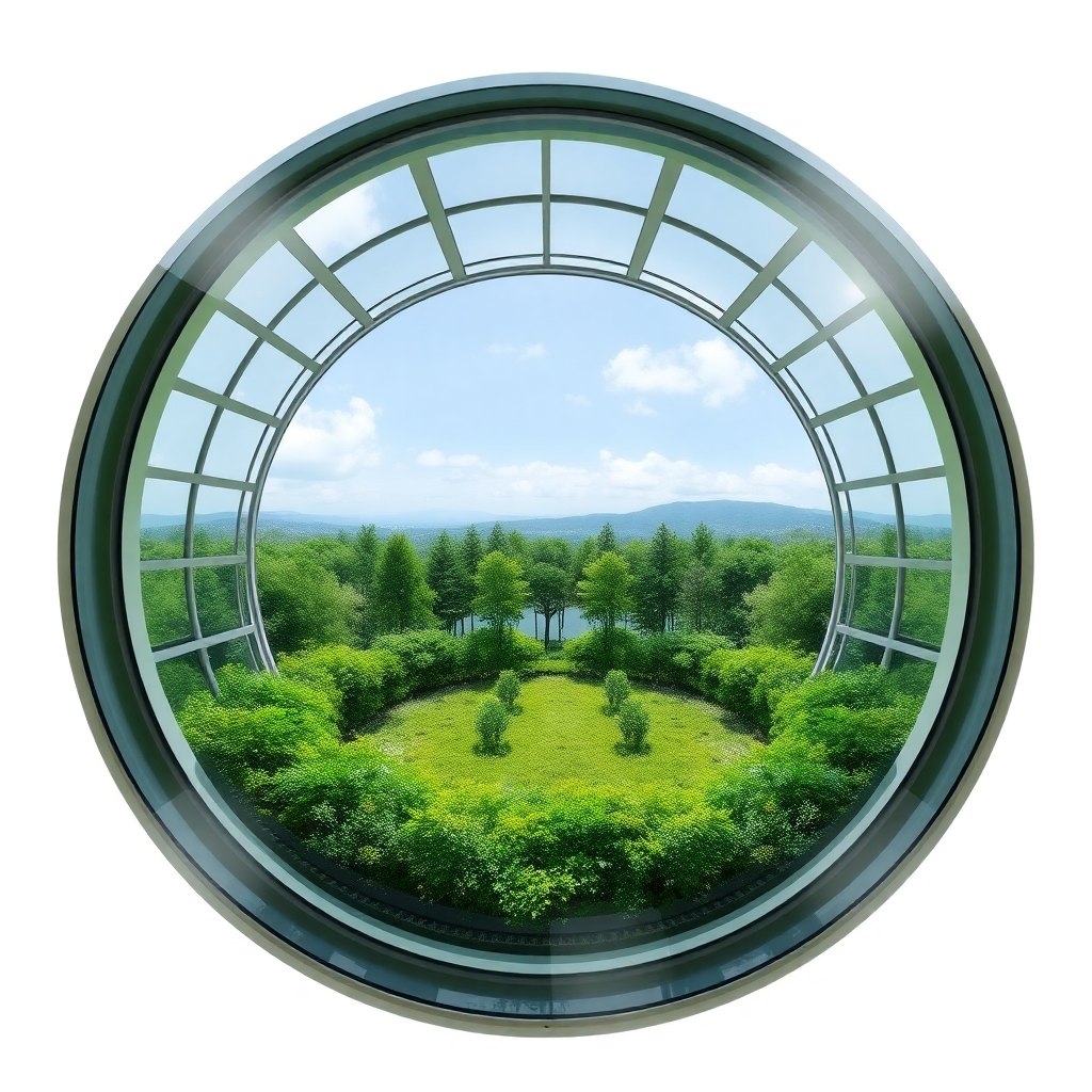 A circular home with a glass facade wrapping around a man-made circular forest in the center. The home would be designed to be self-sufficient, with solar panels and rainwater harvesting systems. The forest would act as a natural air purifier and provide a calming view from all rooms.