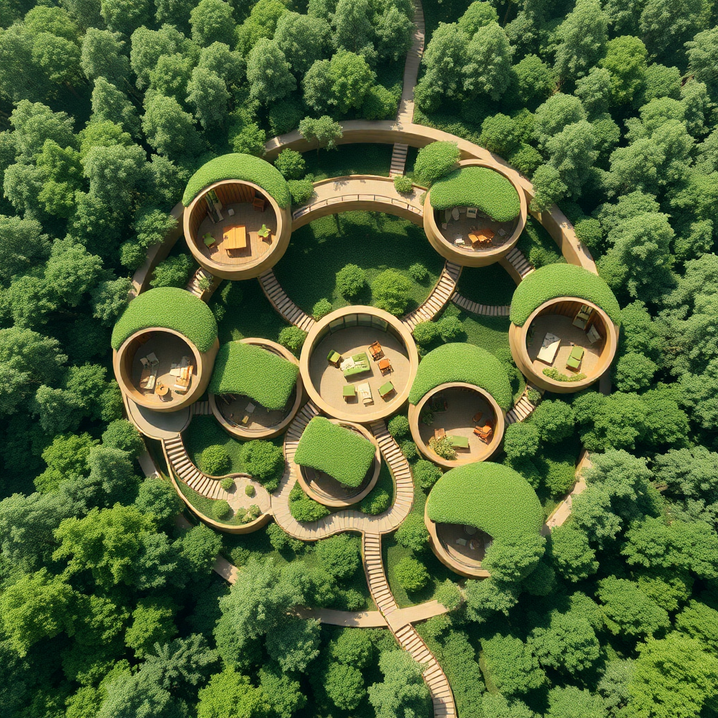 A series of interconnected circular structures, each with a unique function (living, sleeping, working), embedded within a larger, circular forest. These would have green roofs and facades, blending seamlessly into the forest. Pathways would wind through the forest, linking the different parts of the home.