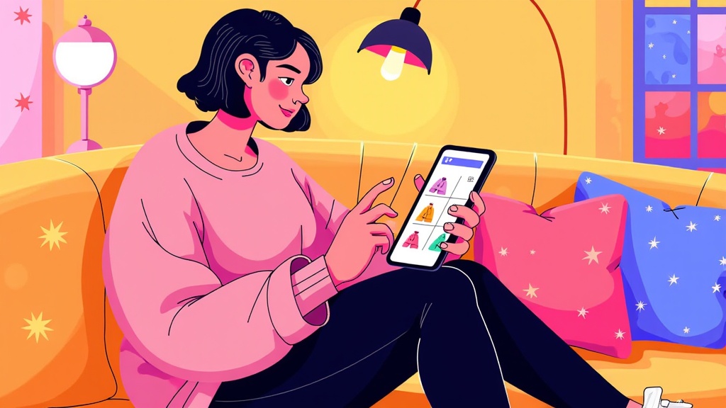  a young woman sitting on a couch in a living room. She is wearing a pink sweater and black pants. She has dark hair and is holding a smartphone in her hands. The phone screen displays a colorful app with various icons and text. The room is decorated with pink and blue pillows, a lamp, and a window with a view of trees outside. The overall style of the illustration is cartoon-like.