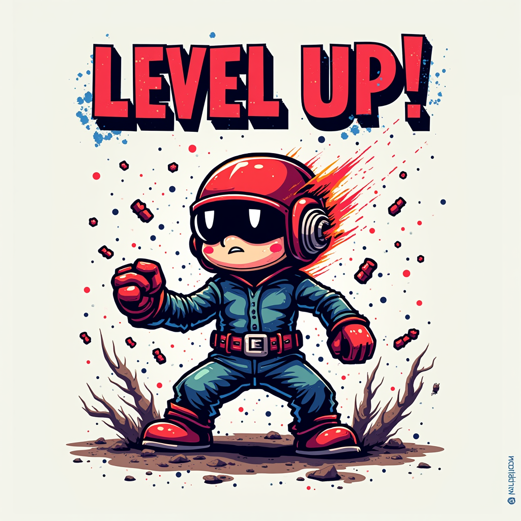 A classic 8-bit arcade character (e.g., pixelated hero, alien) disintegrating or artifacting due to a 'glitch' effect, with 'LEVEL UP!' text also pixelated and subtly distorted, capturing the 'Arcade Glitch' theme.