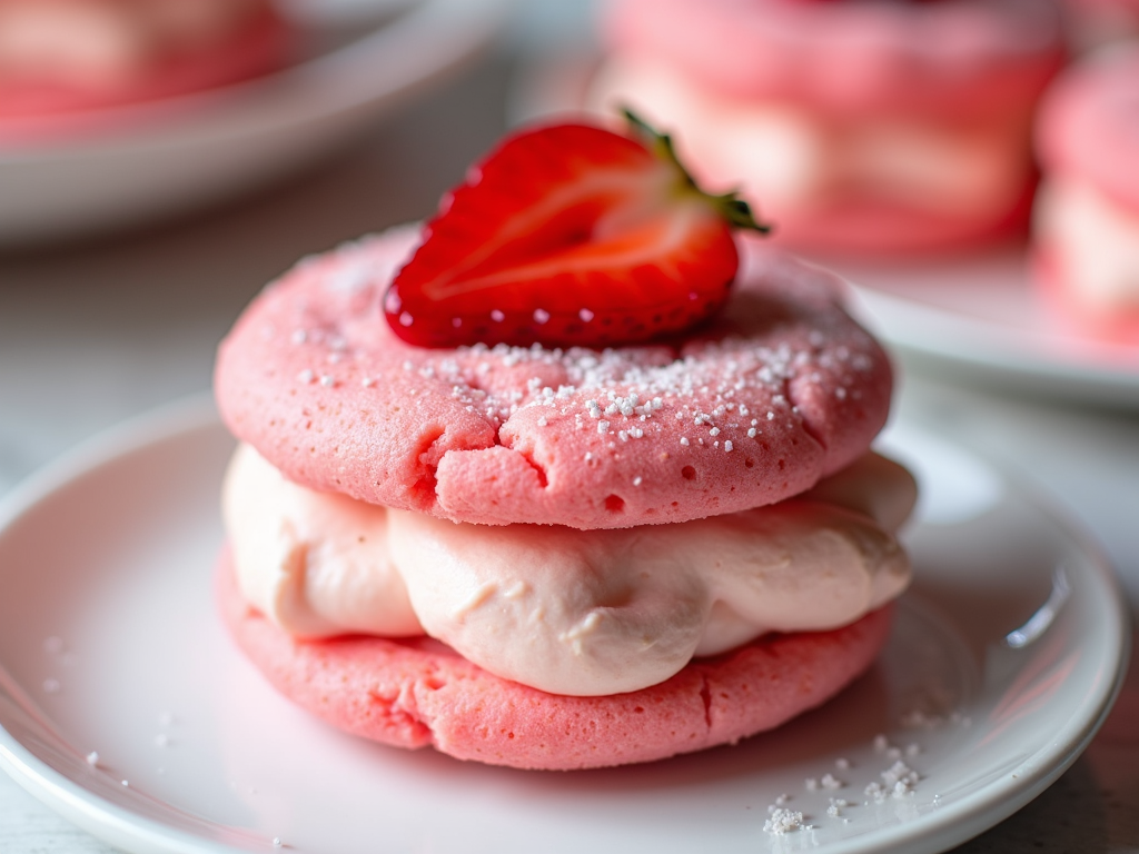 A cookie sandwich with two pink cookies filled with strawberry cream cheese frosting and topped with a single strawberry slice.