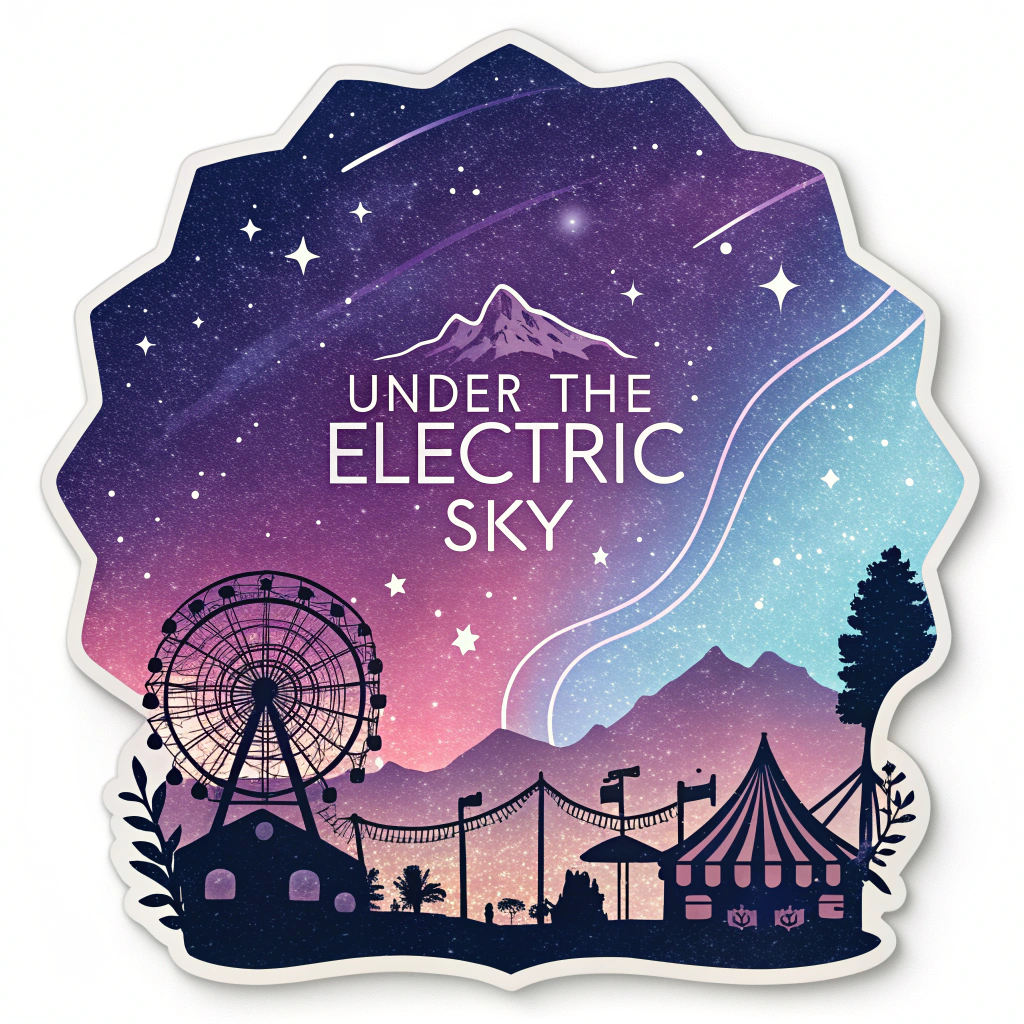 A die-cut sticker depicting a stylized, vibrant night sky (purples, blues, pinks) with subtle festival silhouettes (Ferris wheel, stage outlines). The 'Under the Electric Sky' typography is integrated within the scene, with letters appearing as constellations or glowing light trails amidst the cosmic backdrop.