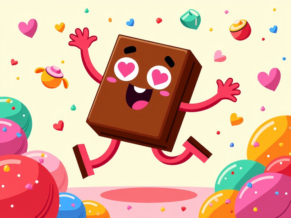 A cartoon-style chocolate box character with heart-shaped eyes and a cheerful expression.