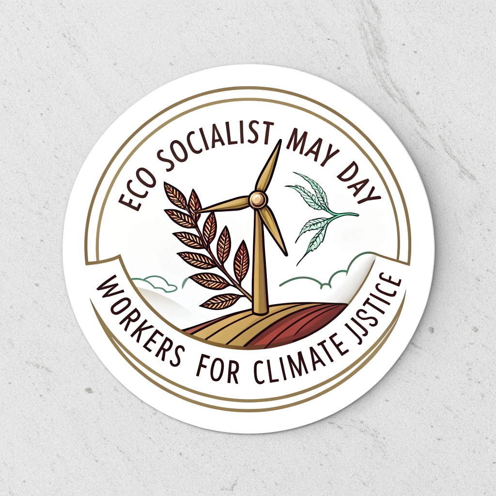Simple logo-style sticker idea: A circular emblem design. The emblem combines a stylized wind turbine and a wheat sheaf. Text 'Eco-Socialist May Day: Workers for Climate Justice' arranged around the circumference or below.