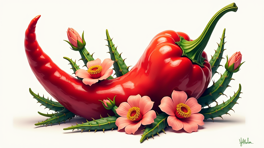 Sub-design 3: 'Chili Pepper Bloom' - An artistic T-shirt design focusing on a large, prominent chili pepper that creatively incorporates blooming cactus flowers or cactus-inspired patterns on its surface, giving it a unique, almost surreal 'blooming' effect.