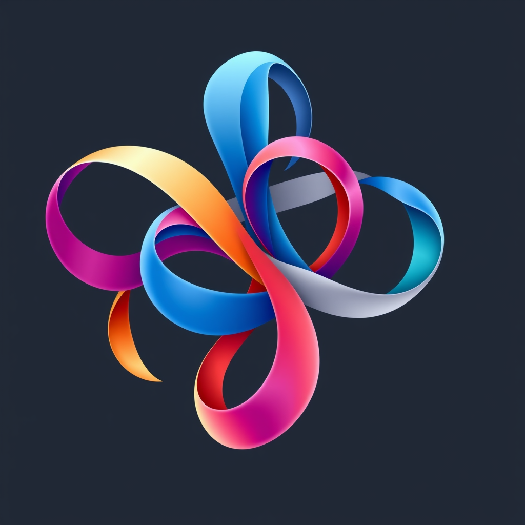 Flowing Ribbons: Multiple abstract ribbon-like forms, representing diverse tech streams or developer communities, dynamically intertwine and merge into a single, complex, unified shape, visualizing motion and cooperative synergy through blended colors and forms.