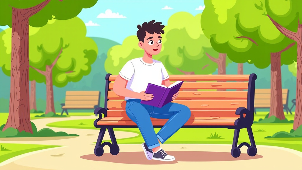  a young man sitting on a wooden bench in a park. He is wearing a white t-shirt, blue jeans, and black sneakers. He has short dark hair and is holding a purple book in his hands. The bench is surrounded by trees and there is another bench visible in the background. The sky is blue and there are a few clouds in the sky. The man appears to be engrossed in reading the book.