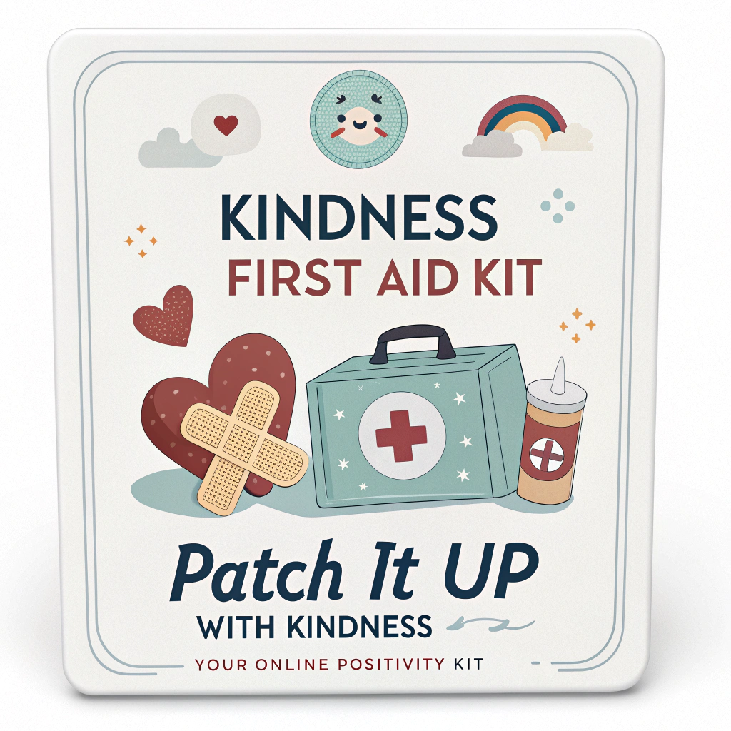 A 'Kindness First Aid Kit' sticker, with a plus symbol (like a medical cross, but friendly) and containing items like a 'heart bandage' for hurt feelings, 'positive thought bubbles', and a 'kind word dispenser'. Text: 'Patch it Up with Kindness' or 'Your Online Positivity Kit'.