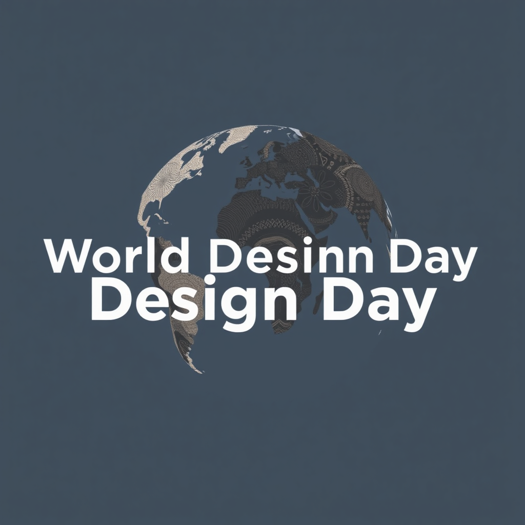 A minimalist globe icon where the landmasses are subtly depicted as a mosaic of abstract, simplified cultural patterns or textures. The text 'World Design Day' could encircle or sit alongside it, using a clean, modern typeface.