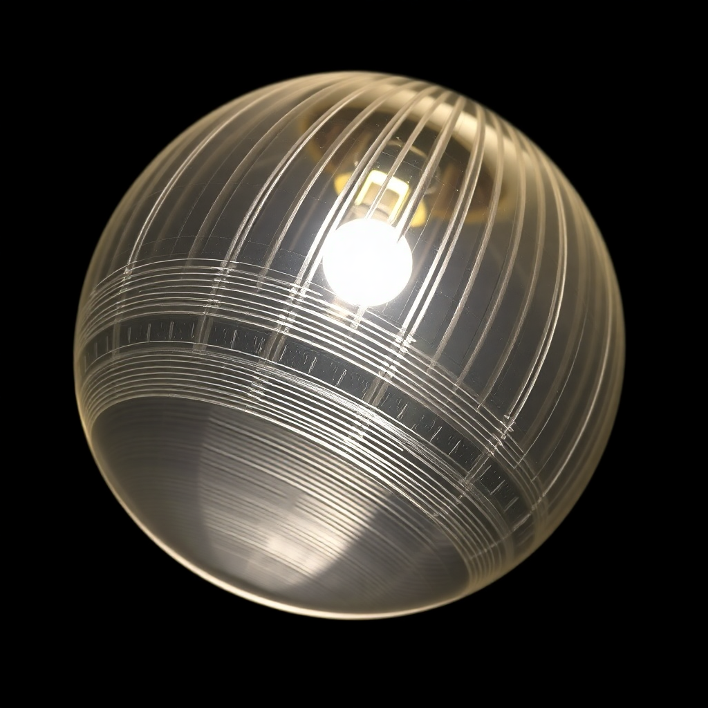 A lighting fixture featuring a curved glass shade with thin, parallel lines etched into the surface, offering a soft, diffused glow.