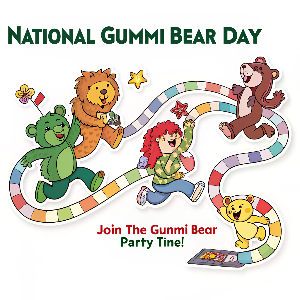 Sub Design Idea 3: A winding conga line of diverse Gummi Bears, each with a joyful expression, snaking across the sticker. The text 'Join the Gummi Bear Party Time!' could follow the path of the line, with 'National Gummi Bear Day' celebrated prominently.